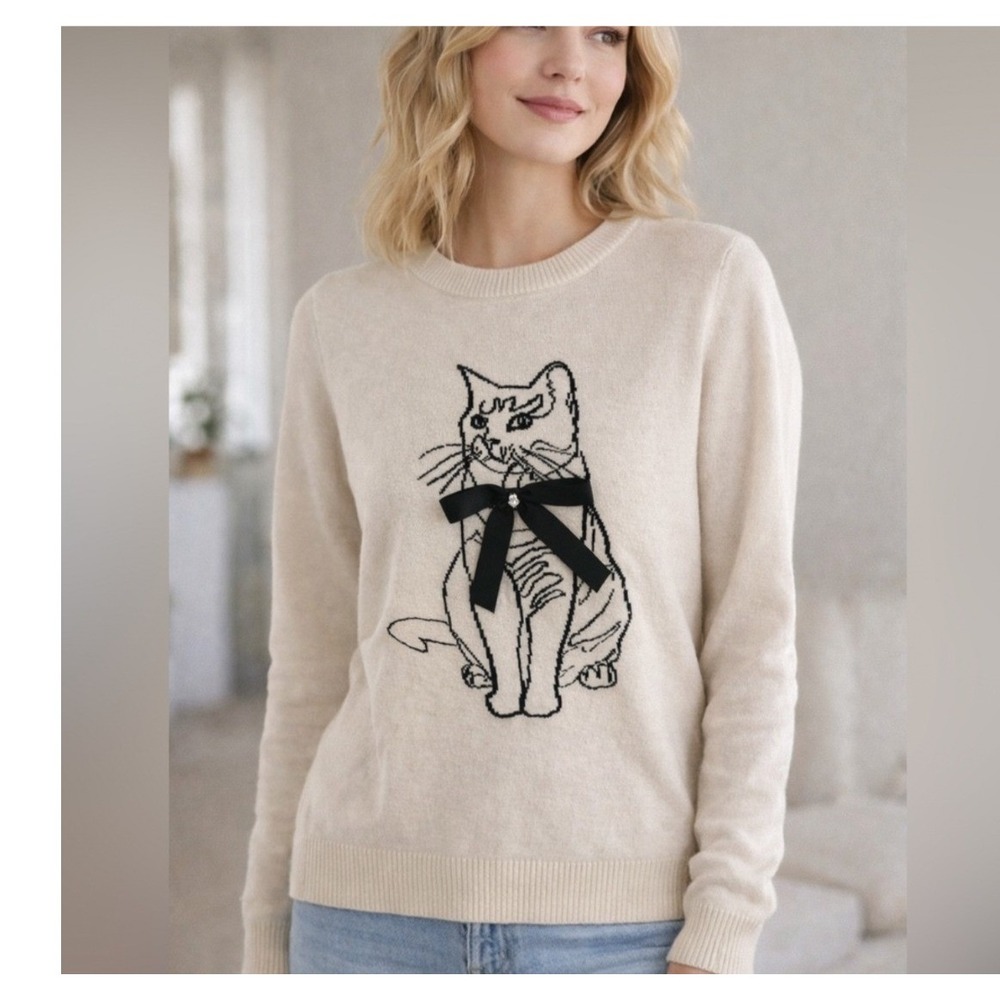 On 12th Novelty Cream Black Cat Intarsia Sweater Ribbon Bow Sz M Whimsical Twee